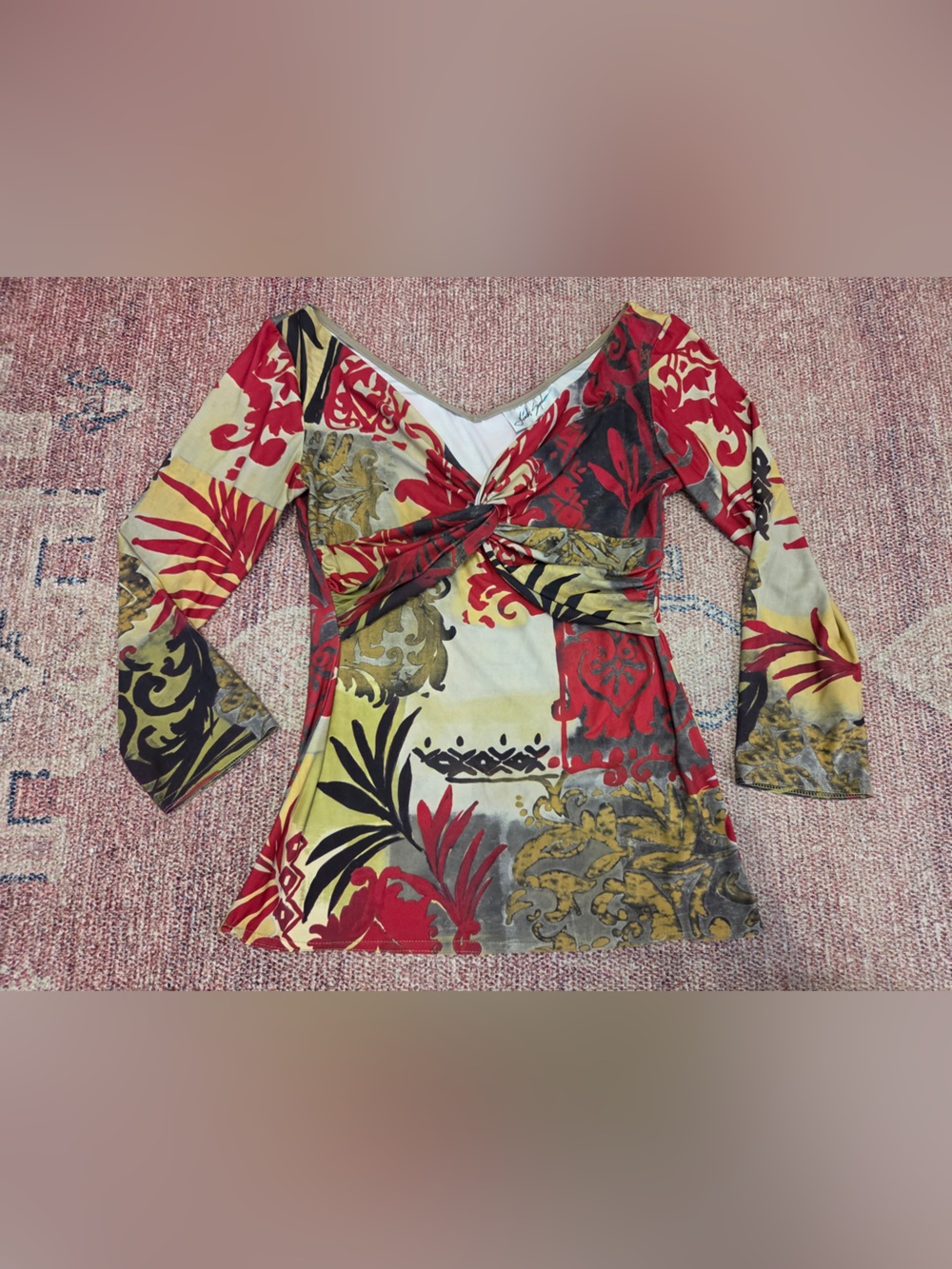 Linda Segal y2k babydoll twist v neck long sleeve top abstract print small